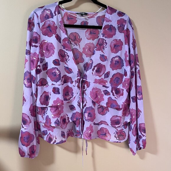 MAUVE PURPLES Summer Ruffled Semi Sheer layered front wrap blouse Sz M EUC - Picture 3 of 8